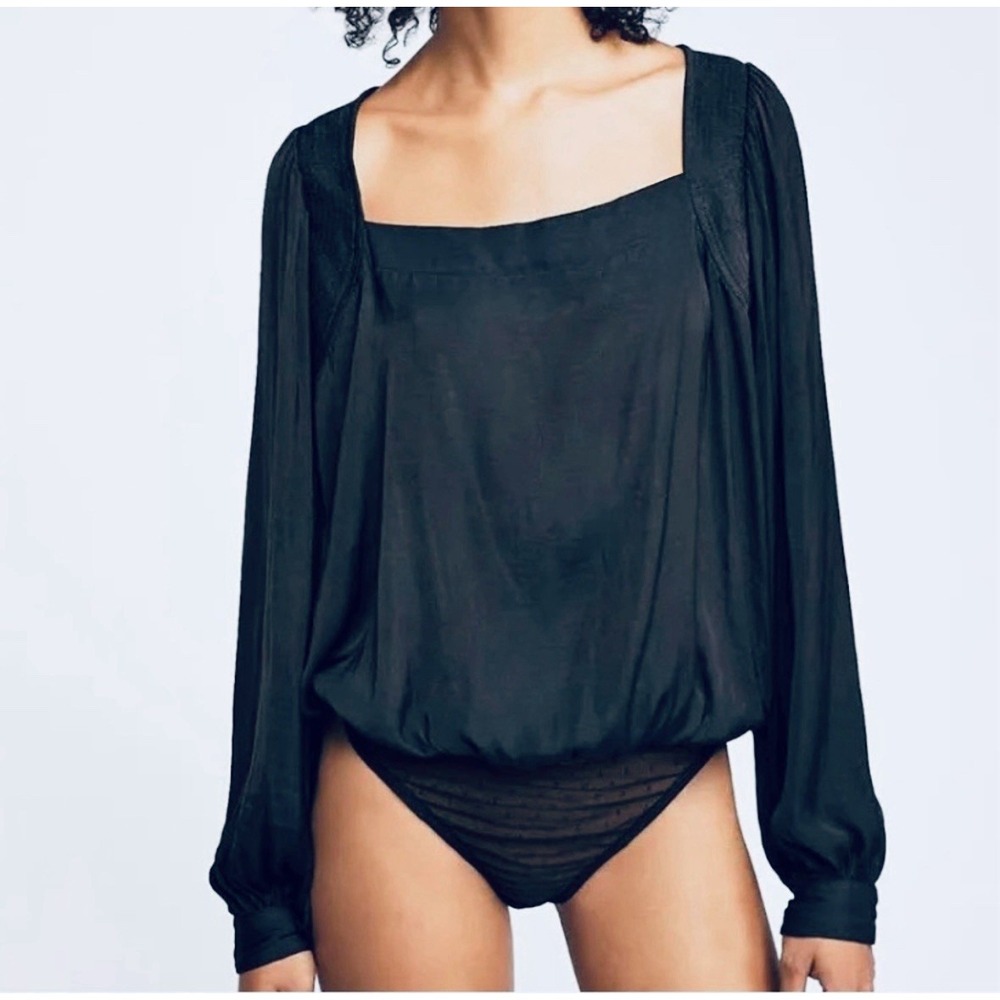 Free People Intimately Dream Of You Bodysuit in Black Satin Square‎ neck S/Small